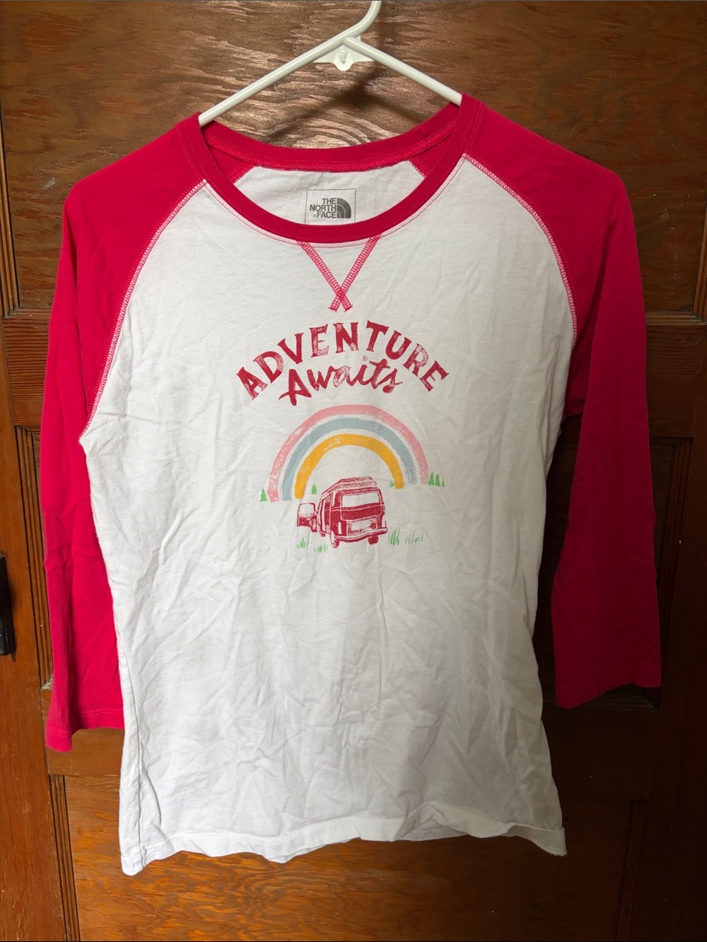 The North Face White Tee with Pink Raglan Sleeves & Rainbow Graphic
